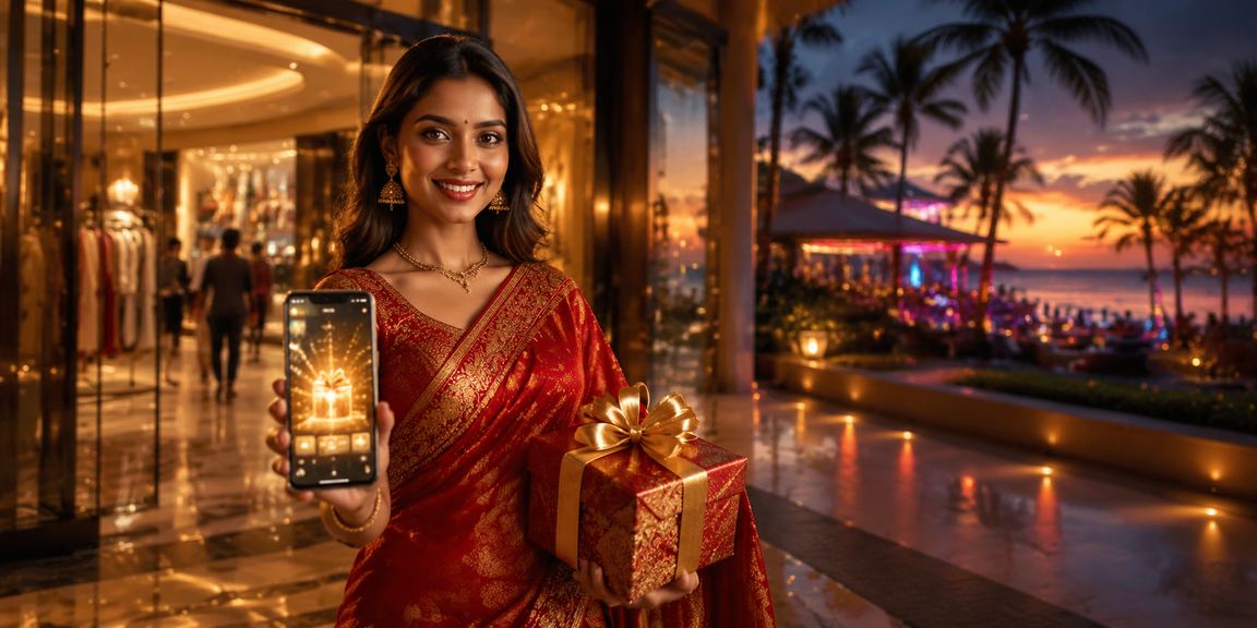 Mobile gamer playing Teen Patti on smartphone in traditional Goan attire